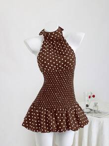 Elamini 波点印花露背吊带系带荷叶边拼接迷你连衣裙，优雅浪漫可爱休闲沙滩度假装，夏季 - 棕色 - 查看 4
