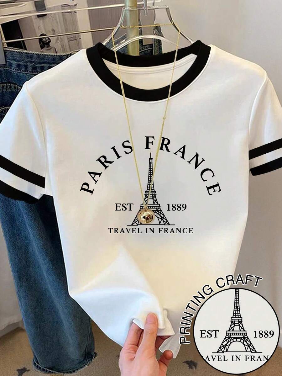 Franclia Camiseta de mujer con cuello redondo, estampado de la Torre Eiffel de París y letras, con bloques de color - Blanco - Ver 1