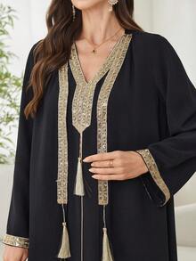 Al Najma Solid Color V-Neck Tassel Decor Gold Ribbon Elegant Arabic Style Dress For Women
