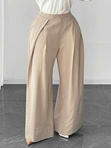 Maweii Plus Size Women's Solid Color Pleated Casual Commuter Fashionable Wide Leg Pants - Apricot - View 1