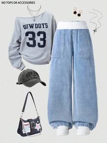 Tween Girls Denim Jeans, Suitable For Spring, Summer, Autumn And Winter. Medium Wash Blue, Y2K Streetwear Style, Casual And Versatile. All-Match Simple White Ribbed Elastic Waistband, Patch Pockets, Relaxed Wide Leg, Soft And Comfortable Cotton Denim Fabric, Ideal For Daily Wear, Gatherings, School, Commuting. New Spring/Autumn Collection. - Medium Wash - View 1