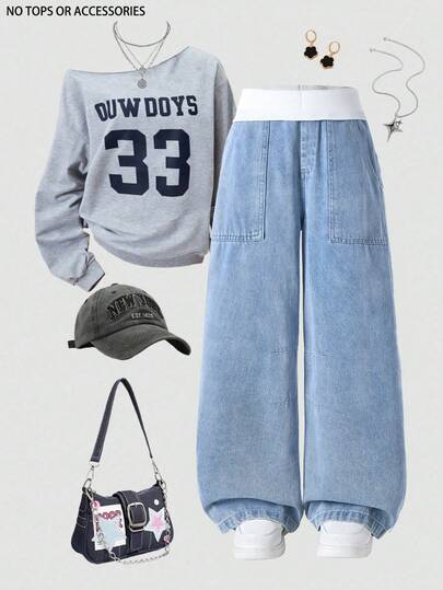 Tween Girls Denim Jeans, Suitable For Spring, Summer, Autumn And Winter. Medium Wash Blue, Y2K Streetwear Style, Casual And Versatile. All-Match Simple White Ribbed Elastic Waistband, Patch Pockets, Relaxed Wide Leg, Soft And Comfortable Cotton Denim Fabric, Ideal For Daily Wear, Gatherings, School, Commuting. New Spring/Autumn Collection.