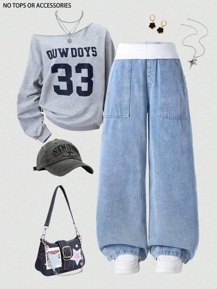 Tween Girls Denim Jeans, Suitable For Spring, Summer, Autumn And Winter. Medium Wash Blue, Y2K Streetwear Style, Casual And Versatile. All-Match Simple White Ribbed Elastic Waistband, Patch Pockets, Relaxed Wide Leg, Soft And Comfortable Cotton Denim Fabric, Ideal For Daily Wear, Gatherings, School, Commuting. New Spring/Autumn Collection. - Medium Wash - View 1