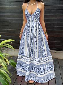 Sunnyshic Pink Digital Print Fitted Waist Backless Halter Neck Vacation Style Midi Dress - Blue and White - View 6