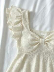 SHEIN Camiseta de punto jacquard con mangas con volantes, estilo casual y cómodo, ideal para el verano, uso en el hogar, linda, adecuada para fiestas, Día de San Valentín, para adolescentes - Caqui - Ver 3