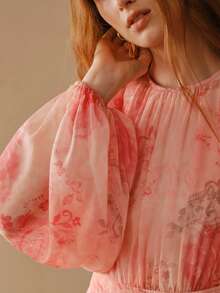 MOTF PREMIUM WOMEN'S PINK CHIFFON ROUND NECK WAIST CINCHED LONG SLEEVE MIDI DRESS