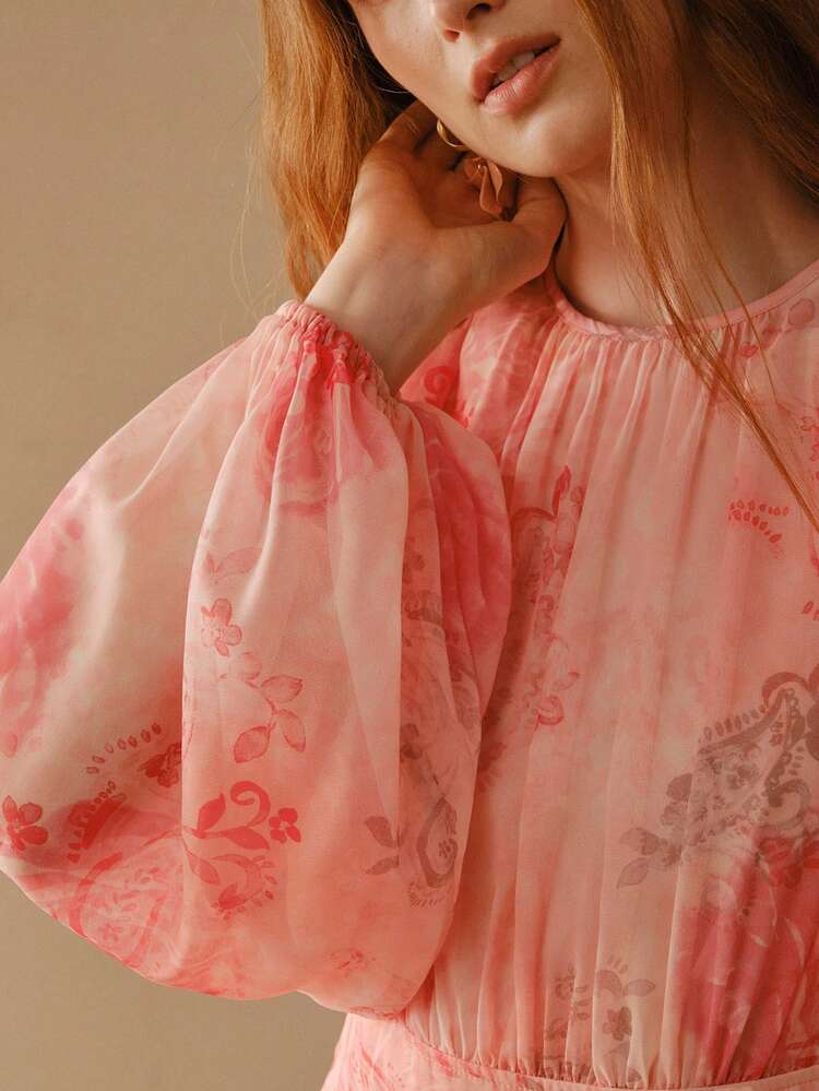 WOMEN'S PINK CHIFFON ROUND NECK WAIST CINCHED LONG SLEEVE MIDI DRESS