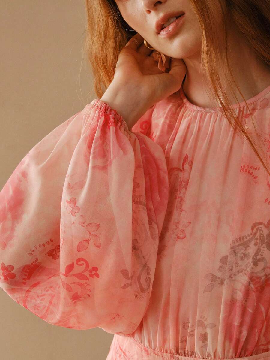 MOTF PREMIUM WOMEN'S PINK CHIFFON ROUND NECK WAIST CINCHED LONG SLEEVE MIDI DRESS