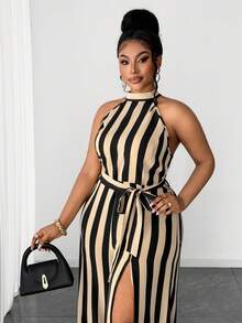 Maweii Jumpsuit Seksi Belahan Bergaris Tenun untuk Wanita Ukuran Besar - Khaki - View 2