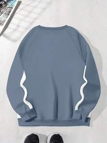 Manfinity Roghcode 男式字母图案圆领插肩袖宽松套头衫街头潮流上衣 90 年代运动蓝色、针织街头潮流、秋季 - 霧霾藍 - 查看 3