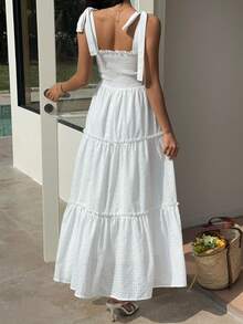 Sunnyshic Women's White Spaghetti Strap Lace-Up Maxi Embroidered A-Line Dress, Romantic Elegant Fashion Vacation Beach Dress For Outings, Dates, Birthdays, Weddings, Spring/Summer - White - View 2