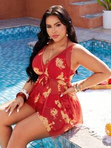 Swim Lushoire Bộ đồ bơi lưới in họa tiết tie-dye cỡ lớn, thích hợp cho kỳ nghỉ và đi biển. - Nhiều màu - Xem 5