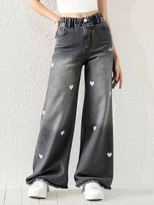 SHEIN Denimly 新款春夏女式宽松浅蓝色牛仔阔腿裤，柔软的牛仔面料如云朵般轻盈，饰有心形刺绣细节，弹性腰带设计穿着舒适，适合校园、街头、约会、户外活动和日常穿着。 - 黑色 - 查看 3