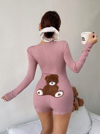  Mono de manga larga con botones al frente, bordado de oso de peluche y diseño jacquard de punto, cómodo y elegante para usar en casa, de la marca Dream Adore