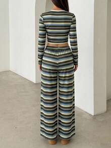 Modelyn 2条/套 条纹面料低腰休闲裤 - 彩色 - 查看 2