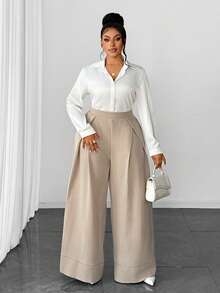 Maweii Plus Size Women's Solid Color Pleated Casual Commuter Fashionable Wide Leg Pants - Apricot - View 4