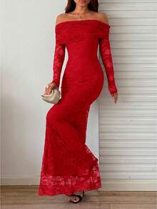 Sunnyshic Elegant Wedding Christmas Party Dress, Solid Color Lace Off Shoulder Mermaid Dress - Red - View 6