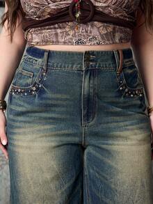 ROMWE Grunge Punk Jeans de pierna ancha con diseño de remaches vintage desgastados para mujer de talla grande - Azul - Ver 2