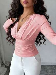 Elenzga 女式时尚优雅V领仿珍珠腰长袖T恤 - 粉色 - 查看 4