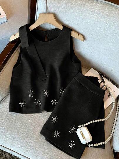 GlowEve CURVE Large-Sized Woven Casual Summer Women's Two Pieces Set Cute Two Piece Set Crop Top Set Two Piece Set Black 2 Piece Outfit Women Summer 2 Pieces Sets