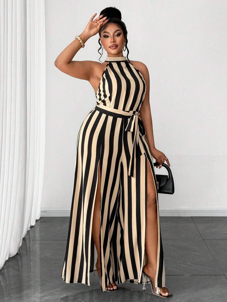 Maweii Jumpsuit Seksi Belahan Bergaris Tenun untuk Wanita Ukuran Besar - Khaki - View 1