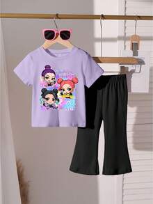 两件套休闲简约英文字母动漫图案紫色短袖圆领T恤和黑色喇叭裤，可爱卡通趣味时尚女童套装，适合所有季节