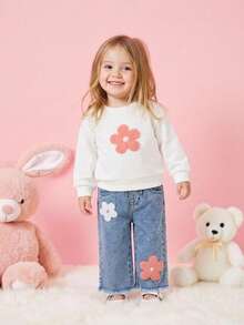 2pcs/Set Toddler Girls' Sweatshirt Outfit, Cute Casual College Style Streetwear Recommendation. White Crew Neck Long Sleeve Pullover Sweatshirt With Pink Floral Embroidery, Paired With Straight Leg Jeans With Frayed Hem. Floral Embroidery Design Is Lovely And Sweet, Suitable For Daily Outings, Casual Gatherings, College-Inspired Looks, Or Parties With Friends. A Colorful Spring/Autumn Ensemble. - White - View 3