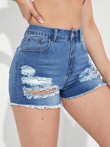 SHEIN Essnce Women's Casual Everyday Wear Denim Shorts With Pockets And Button Distressed Design - Light Wash - View 5