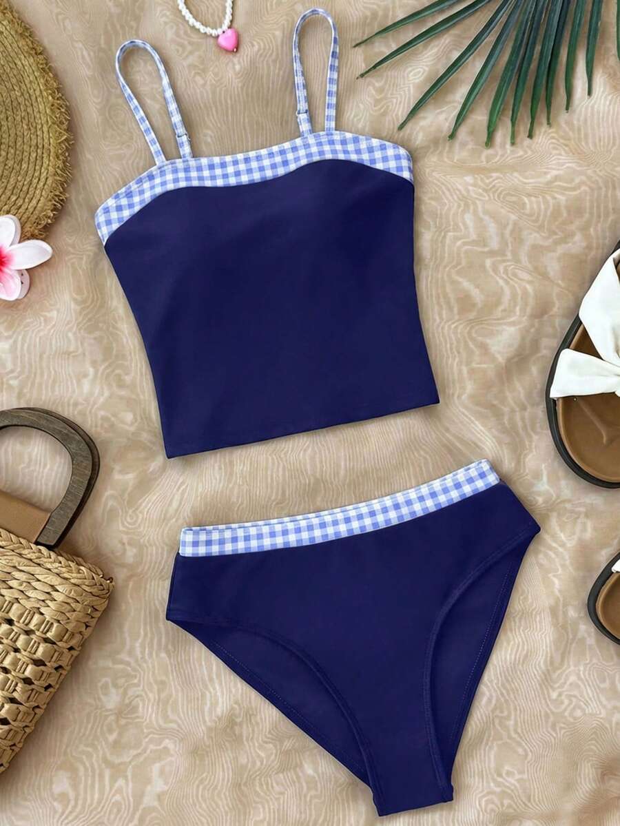 SHEIN Teen Girl Black & White Bow Contrast Color Tankini Swimwear Set, Conservative Bikini Set For Beach Holiday,Kids - Navy Blue - View 1