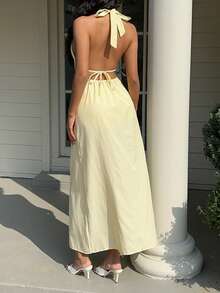 Optris Blue & White Striped Deep V-Neck Backless Tie-Up Waist A-Line Sleeveless Jumpsuit Dress, Elegant Sexy Cute Suitable For Vacation, Beach, Commute, Party, Daily Wear, Dating, Spring/Summer/Autumn - Yellow - View 2