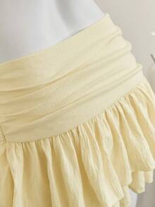 Elamini 米色褶皱高腰低腰双层雪纺半身裙，度假风迷你裙 - 淡黃色 - 查看 6
