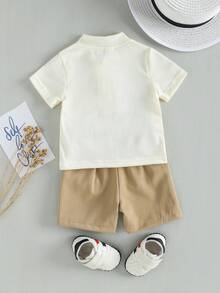 SHEIN 2pcs Baby Boy Elegant Minimalist Mandarin Collar Short Sleeve T-Shirt And Contrast Color Pants Set, Suitable For Summer - Multicolor - View 3