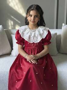 Serisse Kids Tween-Mädchen Kleid im Prinzessinnenstil mit abnehmbarem Kontrast-Rüschenkragen und aufgeblähten Ärmeln in Rot - Rot - Übersicht 6