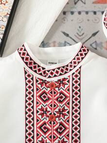 SHEIN Baby Boys' Middle Eastern Print Robe Top,White With Black Polka Dots,Summer,Modest,Wedding Guest Short Sleeve Stand Collar Contrast Color Split Hem - White - View 5