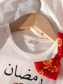 女童休闲圆领荷叶袖蝴蝶结印花连衣裙，适合夏季户外度假 - 紅色 - 查看 3