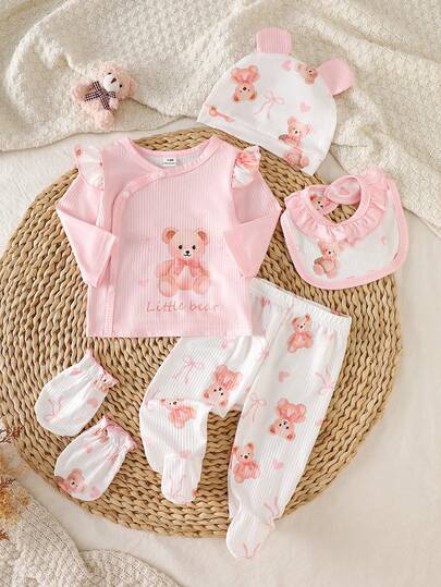 5pcs/Set Newborn Baby Girl Ruffled Long Sleeve Top, Footie Pants, Gloves, Bib, Hat, Cute Bear & Bow Print, Casual Romper Outfit, Suitable For Home Wear Or Outerwear, All Seasons