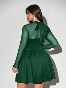 Viva Relle Plus Size Women's Elegant Sexy Party Dress With Stand Collar, Mesh Patchwork, Waist Cinching, Suitable For Spring, Summer, Autumn - Dark Green - View 3