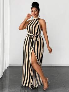 Maweii Jumpsuit Seksi Belahan Bergaris Tenun untuk Wanita Ukuran Besar - Khaki - View 4