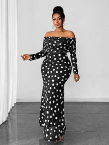 Maweii Đầm dài tay dáng đuôi cá, trễ vai, chấm bi, thanh lịch, thắt eo dành cho nữ cỡ lớn, thích hợp cho các buổi hẹn hò và tiệc tùng. - Đen và trắng - Xem 5
