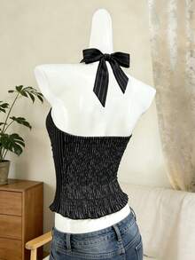 Glimmora Women's Summer Fashion Vacation Style Racer Stripe Print Backless Tie Front Camisole - Black - View 2