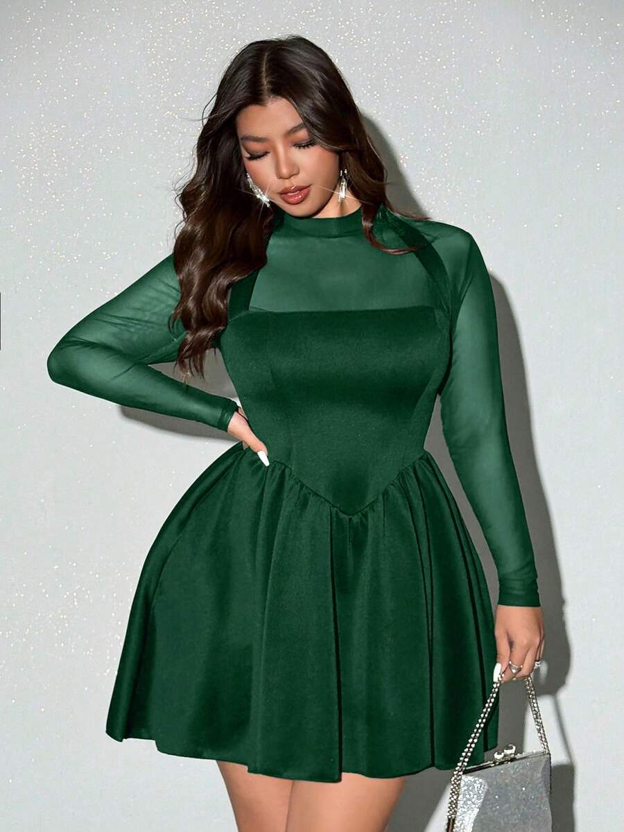 Viva Relle Plus Size Women's Elegant Sexy Party Dress With Stand Collar, Mesh Patchwork, Waist Cinching, Suitable For Spring, Summer, Autumn - Dark Green - View 1