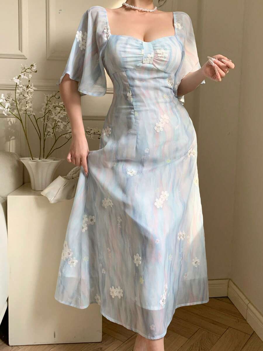 Dazy Tall Đầm dài tay thanh lịch in hoa cổ vuông dành cho nữ dáng cao, đầm mùa hè kiểu dáng nghỉ mát. - Xám Xanh - Xem 1