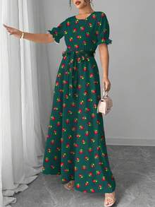 Al Najma 花卉植物数码印花绿色时尚圆领短袖A字连衣裙，女士，春夏款 - 彩色 - 查看 4