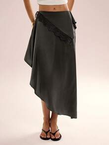 Avenya Waist Folding Contrast Lace Satin Asymmetrical Hem Skirt - Black - View 3