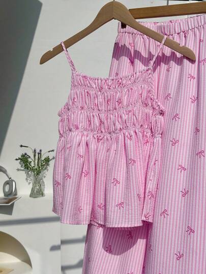 2pcs/Set Teenage Girls Camisole Top And Wide Leg Pants Woven Set, Elastic Waist, Relaxed Fit, Suitable For Summer Casual Wear