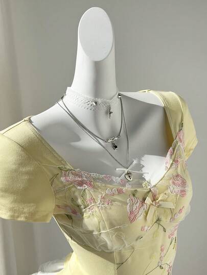 Elamini Yellow Contrast Ruffle Patchwork Heart Neck Waist Cinched Short Sleeve Women's Dress, Elegant Romantic Retro Chic Casual Vacation Everyday Versatile, Spring/Summer