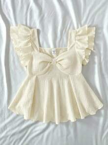 SHEIN Camiseta de punto jacquard con mangas con volantes, estilo casual y cómodo, ideal para el verano, uso en el hogar, linda, adecuada para fiestas, Día de San Valentín, para adolescentes - Caqui - Ver 4