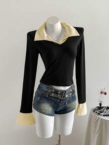 SHEIN Clasi 女士条纹拼接不对称下摆紧身长袖T恤，二合一衬衫领，时尚休闲街头风，秋冬印花T恤，春季女装上衣 - 黃色 - 查看 4