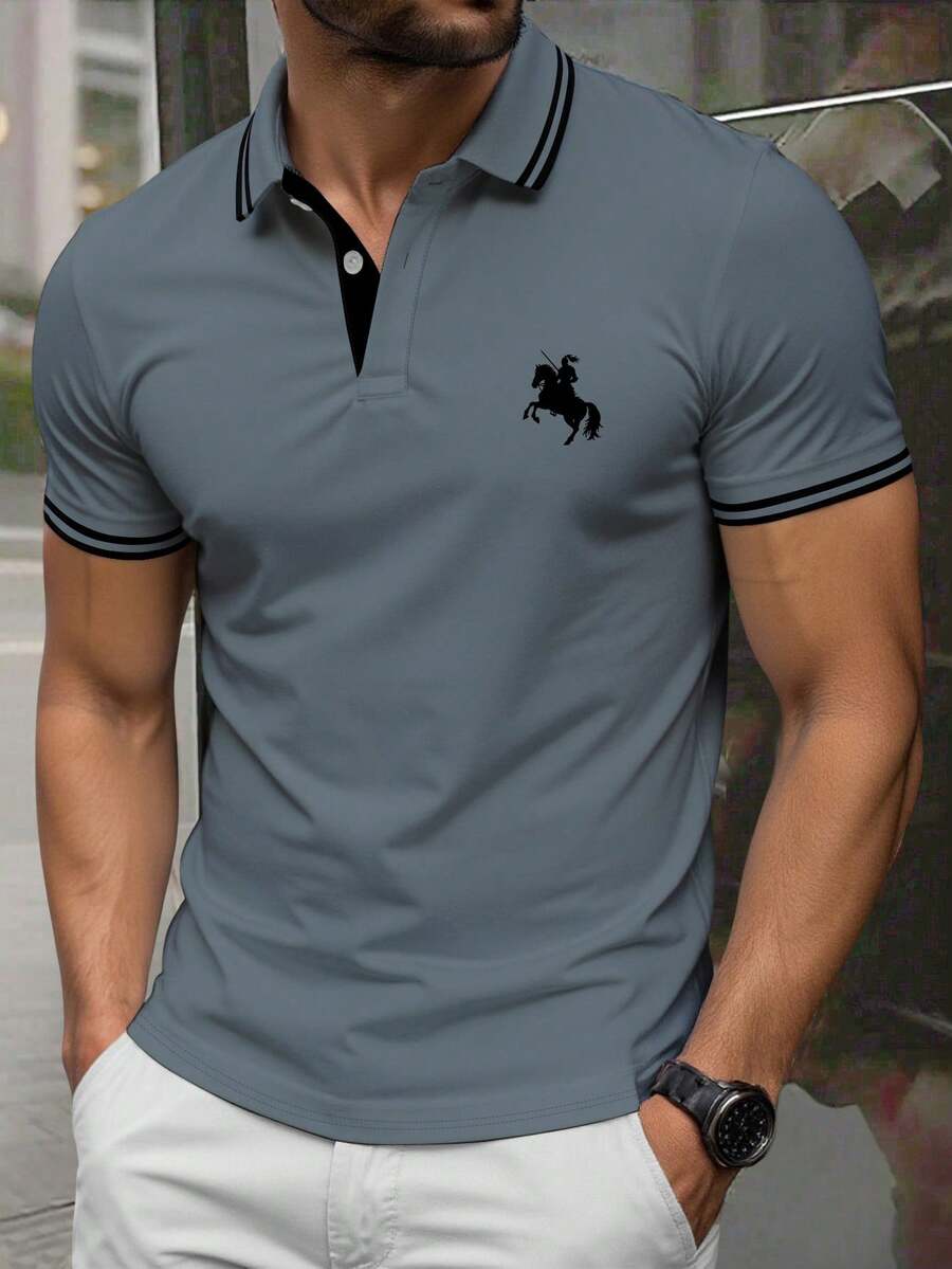 Manfinity Dauomo Áo Polo nam, mùa hè, phong cách công sở thường ngày, vẻ lịch lãm của người đàn ông trưởng thành, thiết kế họa tiết, in hình ngựa, món đồ không thể thiếu cho phái mạnh, thu hút mọi ánh nhìn, phù hợp cho mặc hàng ngày, đi nghỉ mát và hẹn hò. - Xám - Xem 1