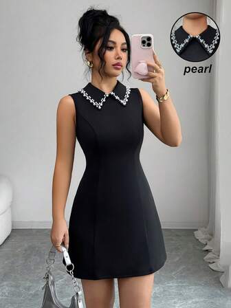 Gloray Nuevo vestido mini elegante y casual de estilo vintage francés, minimalista y versátil para ir a la oficina. Vestido negro de línea A sin mangas, atuendo elegante para mujer, vestido grácil con pequeño cuello decorado con perlas, ajustado a la cintura, manga larga, ideal para vacaciones, Día de la Independencia, Día del Trabajo, Día de Colón, Acción de Gracias, Día de San Valentín.